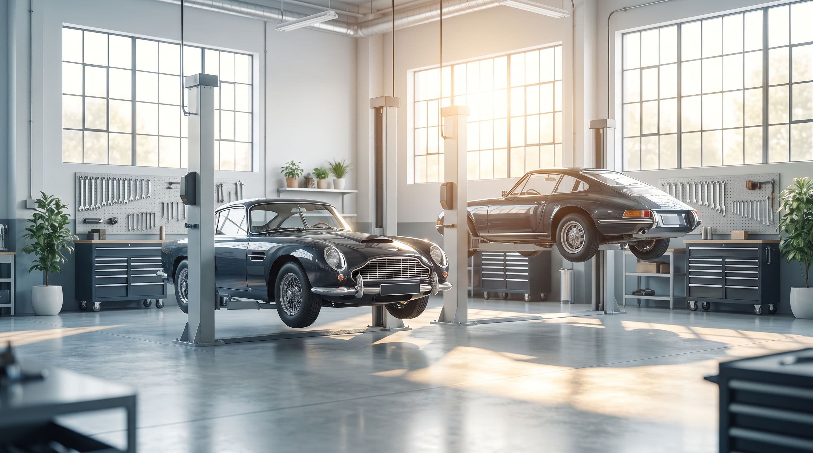 A working auto shop at dusk — cars up on hoists in lit bays, tools racked, the floor quiet and clean.