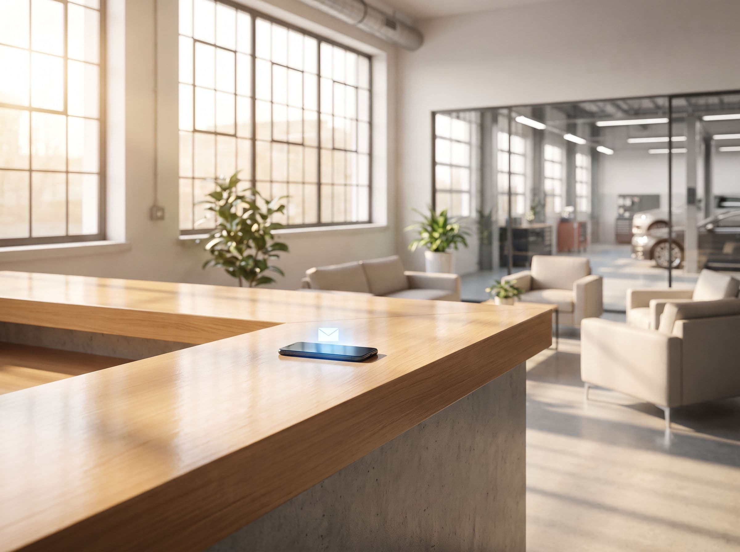 A service desk in a clean auto shop, a phone lit with a customer update.