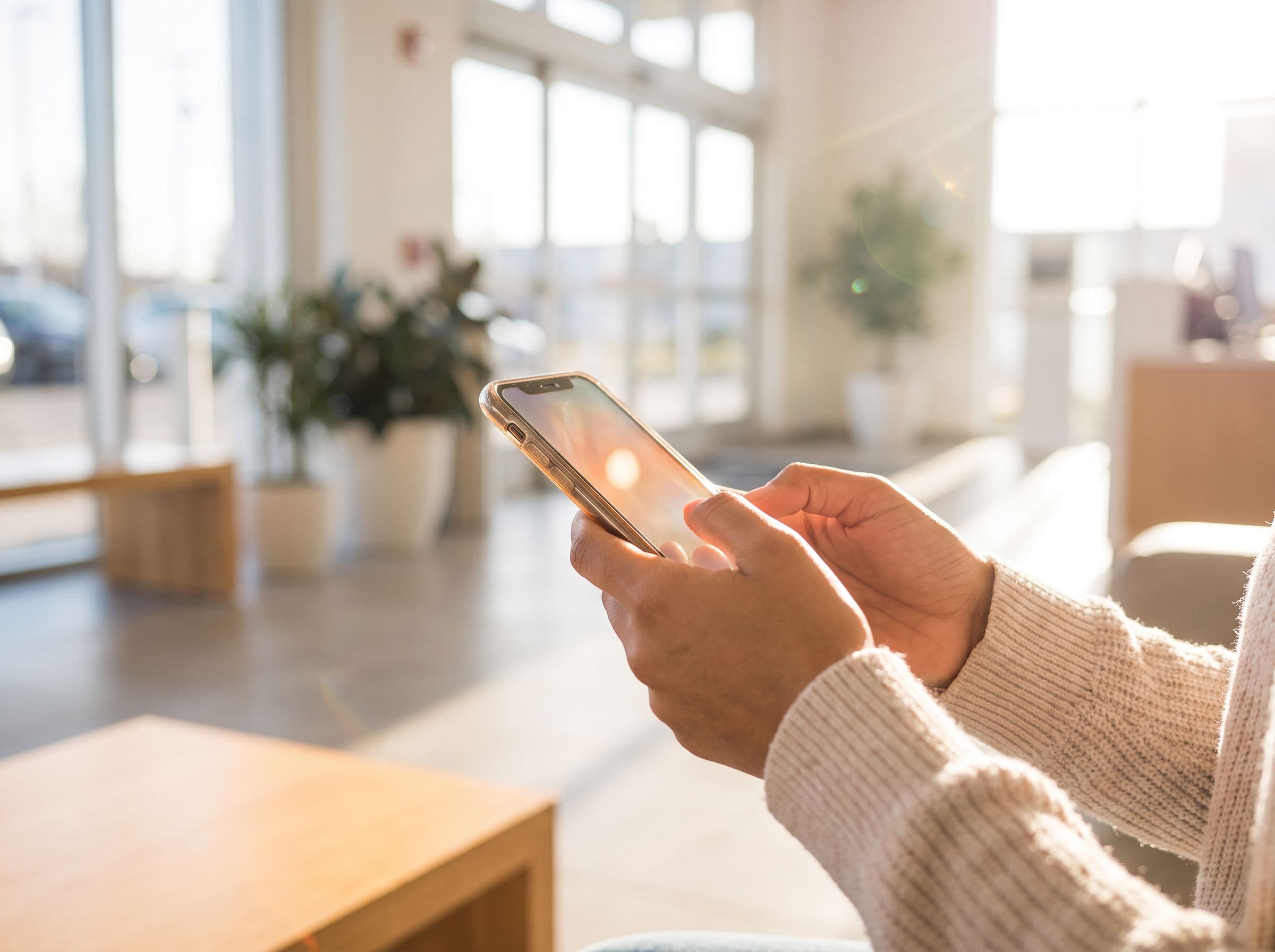 A customer holding a phone in a shop lobby under cool light, reading a text that their car is ready.