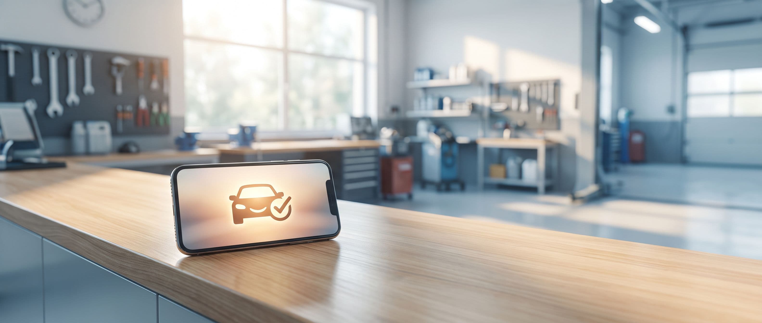 A phone resting on a clean service counter under cool light, a single car-ready text on the screen.