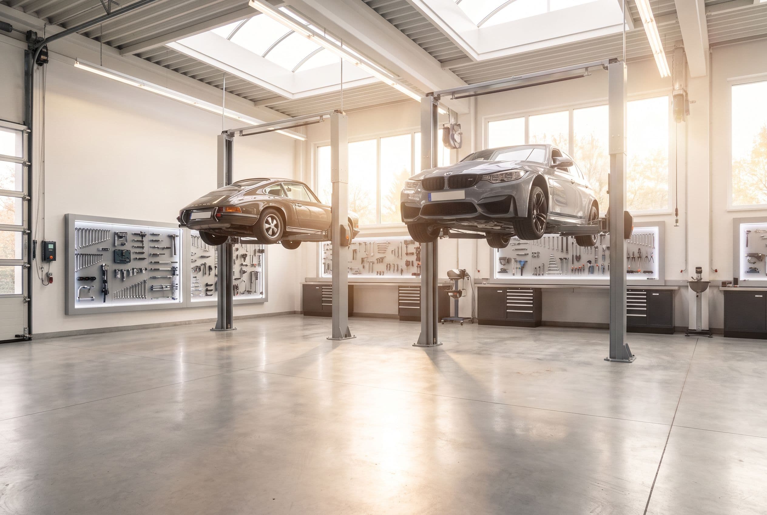 A busy mechanical shop, several cars on hoists under cool overhead light, tools and bays lit through the evening.